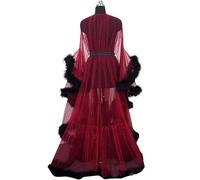 MHNFGDSE Maxi Jupe Sexy pour Femme Long Dentelle Trasparente Queen Robe Perspective Lingerie de Nuit Sheer Nuisette avec Plumes Ceinture Grande Taille Chambre Kimono Maille Transparente,H,One Size