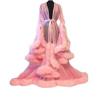 MHNFGDSE Maxi Jupe Sexy pour Femme Long Dentelle Trasparente Queen Robe Perspective Lingerie de Nuit Sheer Nuisette avec Plumes Ceinture Grande Taille Chambre Kimono Maille Transparente,G,One Size