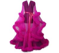 MHNFGDSE Maxi Jupe Sexy pour Femme Long Dentelle Trasparente Queen Robe Perspective Lingerie de Nuit Sheer Nuisette avec Plumes Ceinture Grande Taille Chambre Kimono Maille Transparente,B,One Size