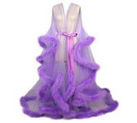 MHNFGDSE Maxi Jupe Sexy pour Femme Long Dentelle Trasparente Queen Robe Perspective Lingerie de Nuit Sheer Nuisette avec Plumes Ceinture Grande Taille Chambre Kimono Maille Transparente,I,One Size