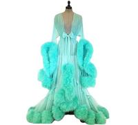 MHNFGDSE Maxi Jupe Sexy pour Femme Long Dentelle Trasparente Queen Robe Perspective Lingerie de Nuit Sheer Nuisette avec Plumes Ceinture Grande Taille Chambre Kimono Maille Transparente,E,One Size