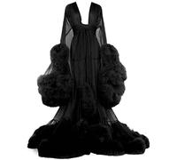 MHNFGDSE Maxi Jupe Sexy pour Femme Long Dentelle Trasparente Queen Robe Perspective Lingerie de Nuit Sheer Nuisette avec Plumes Ceinture Grande Taille Chambre Kimono Maille Transparente,J,One Size