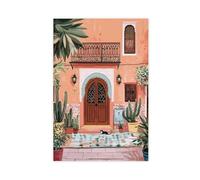 MHTHFD Impression sur toile représentant une porte marocaine avec des plantes de cactus et une cour carrelée - Décoration murale pour salon, chambre à coucher - 40 x 60 cm
