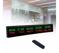 MhWrughts Horloge Murale à fuseaux horaires, numérique LED Couleur, Multi-fuseaux horaires, 3/4/5 Villes, avec télécommande, pour hôtels, commerces et aéroports,1-Green&red-5City