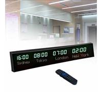 MhWrughts Horloge Murale à fuseaux horaires, numérique LED Couleur, Multi-fuseaux horaires, 3/4/5 Villes, avec télécommande, pour hôtels, commerces et aéroports,1-Green&white-4City