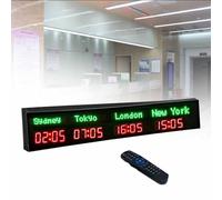 MhWrughts Horloge Murale à fuseaux horaires, numérique LED Couleur, Multi-fuseaux horaires, 3/4/5 Villes, avec télécommande, pour hôtels, commerces et aéroports,2-Red&green-4City