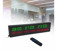 MhWrughts Horloge Murale à fuseaux horaires, numérique LED Couleur, Multi-fuseaux horaires, 3/4/5 Villes, avec télécommande, pour hôtels, commerces et aéroports,1-Green&red-3City