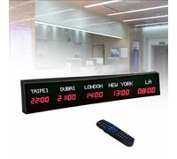 MhWrughts Horloge Murale à fuseaux horaires, numérique LED Couleur, Multi-fuseaux horaires, 3/4/5 Villes, avec télécommande, pour hôtels, commerces et aéroports,2-Red&white-5City