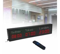 MhWrughts Horloge Murale à fuseaux horaires, numérique LED Couleur, Multi-fuseaux horaires, 3/4/5 Villes, avec télécommande, pour hôtels, commerces et aéroports,2-Red&white-3City
