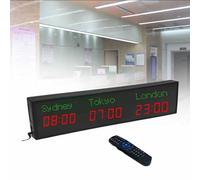 MhWrughts Horloge Murale à fuseaux horaires, numérique LED Couleur, Multi-fuseaux horaires, 3/4/5 Villes, avec télécommande, pour hôtels, commerces et aéroports,2-Red&green-3City