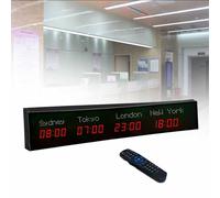 MhWrughts Horloge Murale à fuseaux horaires, numérique LED Couleur, Multi-fuseaux horaires, 3/4/5 Villes, avec télécommande, pour hôtels, commerces et aéroports,2-Red&white-4City