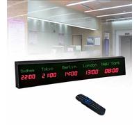 MhWrughts Horloge Murale à fuseaux horaires, numérique LED Couleur, Multi-fuseaux horaires, 3/4/5 Villes, avec télécommande, pour hôtels, commerces et aéroports,2-Red&green-5City