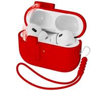 MHYALUDO Compatible avec étui AirPods Pro 2nd Generation Case Cover, Silicone Liquide Auto Pop-Up Anti-Chute Qualité Militaire Souple pour AirPods Pro avec Lanière, LED Frontale Visible, Rouge