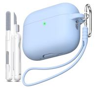 MHYALUDO Coque pour AirPods Pro 3e génération, Anti-Chute en Silicone Souple Absorbant Les Chocs, Coque pour AirPods Pro 3 au Toucher avec Lanière et kit de Nettoyage, Bleu Ciel