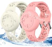 MHYALUDO Portable Lot de 2 Bracelets pour Apple Airtag, Bracelet en Silicone étanche avec Suivi GPS, Respirant Anti-Perte pour Airtag, Rose/Blanc