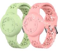 MHYALUDO Portable Lot de 2 Bracelets pour Apple Airtag, Bracelet en Silicone étanche avec Suivi GPS, Respirant Anti-Perte pour Airtag, Rose/Vert