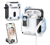 MHYALUDO pour AirPods 2/1 génération Coque, Compatible avec Magsafe, Verrouillage Auto magnétique, Port de Charge Anti-poussière et Conception de Support avec kit de Nettoyage,Noir Armure/Blanc Neige