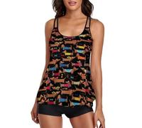 MHYRAC Maillots de bain pour femmes, tankini noir hibou pour femme avec short, maillot de bain à bretelles spaghetti, Teckel I Love My Dog, XL