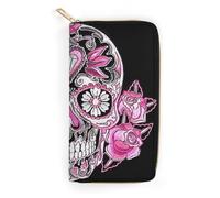 MHYRAC Portefeuille en cuir, Aloha Hand Hawaï, petite taille et grande capacité, facile à transporter, Crâne en sucre rose., 19.7x10.5cm, Moderne