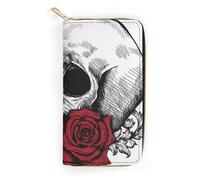 MHYRAC Portefeuille en cuir, Aloha Hand Hawaï, petite taille et grande capacité, facile à transporter, Tête de mort avec roses., 19.7x10.5cm, Moderne