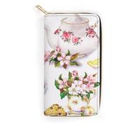 MHYRAC Portefeuille en cuir, noir à pois, petite taille et grande capacité, facile à transporter, Gâteau et théière Floral, 19.7x10.5cm, Moderne