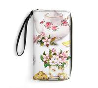 MHYRAC Portefeuille en cuir noir hibou avec corde, petite taille et grande capacité, facile à transporter, Gâteau et théière Floral, 19.7x10.5cm, Moderne