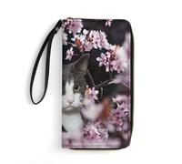 MHYRAC Portefeuille en cuir, orque, avec corde, petite taille et grande capacité, facile à transporter, Chat et fleurs de cerisier, 19.7x10.5cm, Moderne