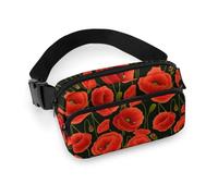 MHYRAC Sac banane, motif tête de mort de chat, planche de sorcière, noir gothique, sac banane réglable pour course à pied, marche, randonnée, Fleurs de coquelicot rouge., 20x13cm