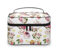 MHYRAC Trousse à cosmétiques, trousse de maquillage en cuir avec pingouin, trousse de toilette de voyage pour femme, Gâteau et théière Floral, 25x18x15cm