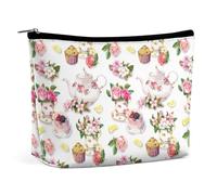 MHYRAC Trousse de maquillage, trousse de toilette portable avec fermeture éclair pour un usage quotidien, voyage, Gâteau et théière Floral, Taille unique