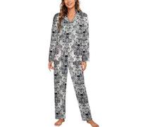 MHYRAC Vêtements de nuit, ensemble de pyjama gothique, motif tête de mort, damassé, effrayant, Halloween, vêtements d'intérieur à manches longues pour femme avec poches, Crâne gothique damassé