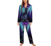 MHYRAC Vêtements de nuit, ensemble de pyjama loups hurlant dans les aurores boréales, vêtements de détente à manches longues pour femme avec poches, Loups Howl In The Northern Lights, XL