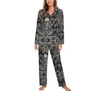 MHYRAC Vêtements de nuit, ensemble de pyjama tête de mort noir, vêtements de détente à manches longues pour femmes avec poches, Tête de mort noire., M