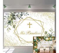 Mi Bautizo Toile de fond pour première communion, baptême, naissance, fête prénatale, fond doré pailleté, eucalyptus, accessoires de photomaton 2,1 x 1,5 m