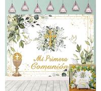 Mi Primera Toile de fond pour première communion, baptême, arrière-plan pour photographie, fond doré, croix verte, feuilles vertes, dieu bénédiction, baptême neutre, décorations de fête prénatale