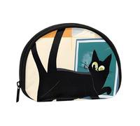 Mi-siècle Art Moderne Chat Plein Format Imprimé Polyester Portable Mini Sac de Rangement Coquille Portefeuille en Forme de Coquille Petit Portefeuille Coquille Sac de Rangement, Noir , Taille unique