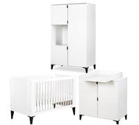 MIA Chambre bébé lit évolutif 120x60 + commode + plan + armoire Blanc | Sommier réglable sur 3 hauteurs et 3 barreaux amovibles pour accompagner la croissance de bébé. Structure en hêtre et MDF.