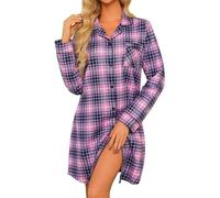 MIA LUCCE Chemise de nuit pour femme avec flanelle, chemise de nuit avec boutonnière et plaid, chemise de nuit longue pour femme, Grille magenta violet, XL
