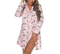 MIA LUCCE Chemise de nuit pour femme, chemises de nuit pour femmes en flanelle, chemise de nuit avec boutons et à carreaux, chemise de nuit femme longue, Chat rose., L