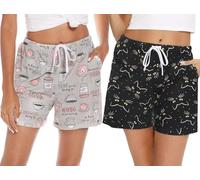 MIA LUCCE Pantalon de pyjama court en coton pour femme avec poches et cordon de serrage S-XXL, Tasse à café chat noir, XXL
