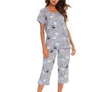 MIA LUCCE Pyjama Femme Été Coton Manche Courte Ensemble Femme Ete avec T - Shirt à Manches Courtes et Capri 2 Pièces, S-XXXL
