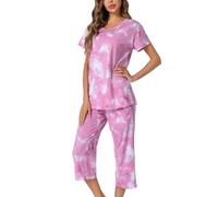 MIA LUCCE Pyjama Femme Été Coton Manche Courte Ensemble Femme Ete avec T - Shirt à Manches Courtes et Capri 2 Pièces, S-XXXL