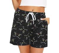 MIA LUCCE Short de pyjama pour femmes avec taille élastique, short de pyjama avec poches et cordon de serrage pour dormir, faire du sport, courir S-XXL, motif chat noir, M
