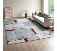 Mia’s Teppiche Modena - Tapis Moderne à Poils Courts, pour Salon et Chambre, Doux et Facile d’Entretien, Motifs géométriques, à Carreaux, Gris Rouge, 80 x 140 cm
