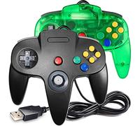 Miadore N64 Lot de 2 manettes classiques N64 avec port USB pour PC Windows Mac Linux Raspberry Pi 3 Sega Genesis (vert transparent/noir)