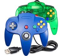 Miadore N64 Lot de 2 manettes classiques N64 avec port USB pour PC Windows Mac Linux Raspberry Pi 3 Sega Genesis (vert transparent/bleu)