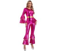 Miaeowve Costume Disco Années 70s 80s Femme Carnaval Déguisement Halloween Combinaison à Evasé Manches Longues Zippée Justaucorps Danse Hippie Jazz Salopette S-3XL Rose vif S