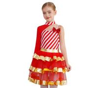 Miaeowve Enfant Fille Robe de Danse Noël à Rayure Tutu Ballet Déguisement Candy Cane Costume Sucre d'orge Bonbons Robe Fête Une Epaule Manches Longues Dancewear 4-16 Ans Rouge 11-12 Ans