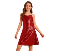 Miaeowve Enfants Robe Demoiselle d'honneur Filles Paillettes Robes Robe De Danse Jazz Anniversaire Performance Scène Danse Ajustée Brillante Rouge 9-10 Ans