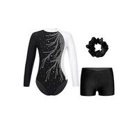 Miaeowve Justaucorps Gymnastique Enfant Fille Bodysuit Manches Longues Strass avec Short Bandeau Ensemble Sport Danse Patinage Entraînement 5-16 Ans Blanc noir 9-10 ans